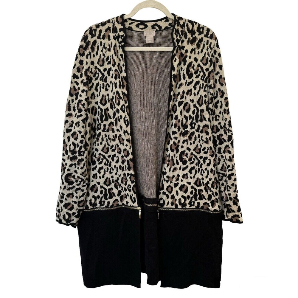 Chico's 3 Size XL Black Animal Print Zip Off Tunic Over-Top Duster Open Cardigan